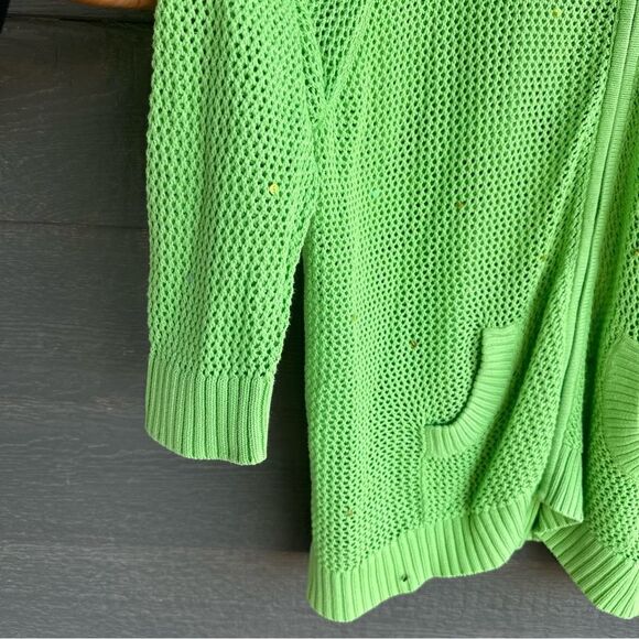 Quaker Factory 3X Lime Green Open-Knit Zip Cardigan Sweater Jacket Sequins Hood - Picture 7 of 9